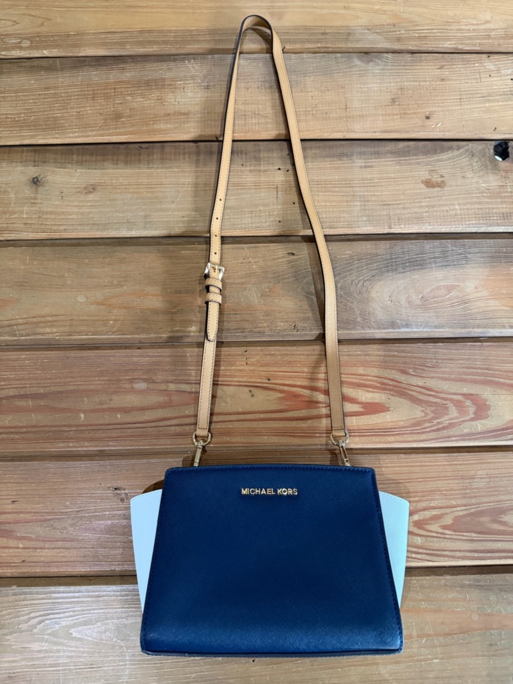 Michael Kors Selma Small Crossbody Navy White Saffiano Leather Gold Hardware